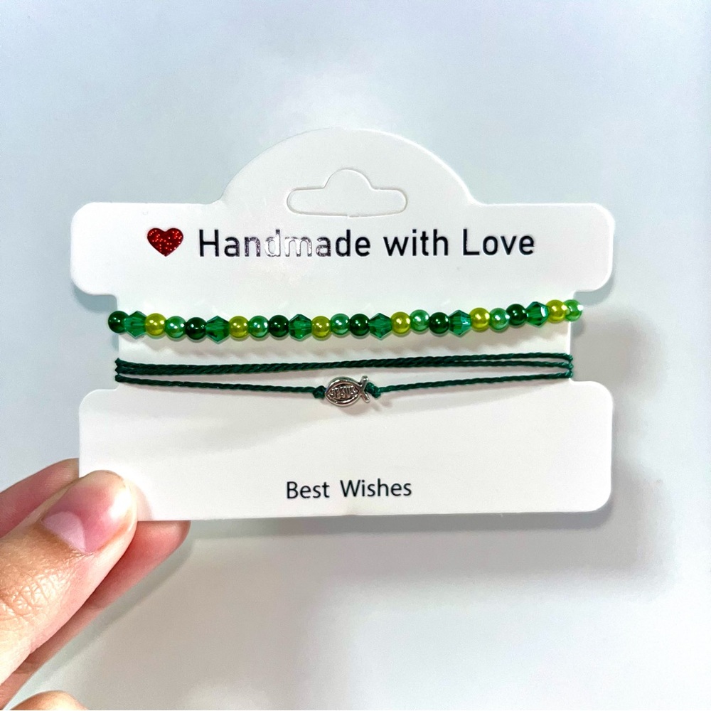 Green Beaded Bracelet Set with Jesus Fish